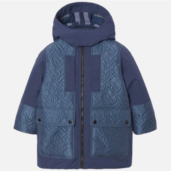 Burberry Kids' Delford 3-in-1 Monogram Quilted Hooded Jacket in Blue size 12Y